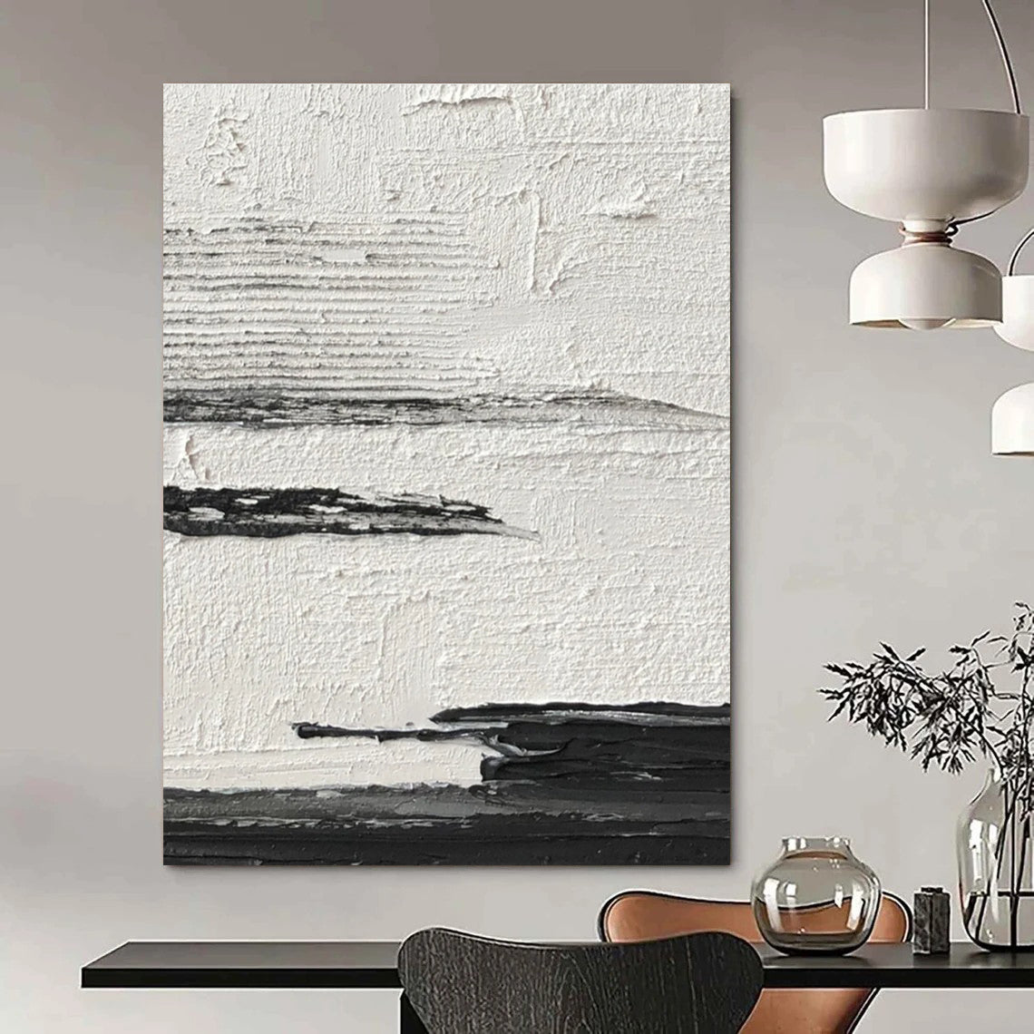 Black and White Textured Horizontal Layers Abstract Painting for Minimalist Bedrooms HENG369
