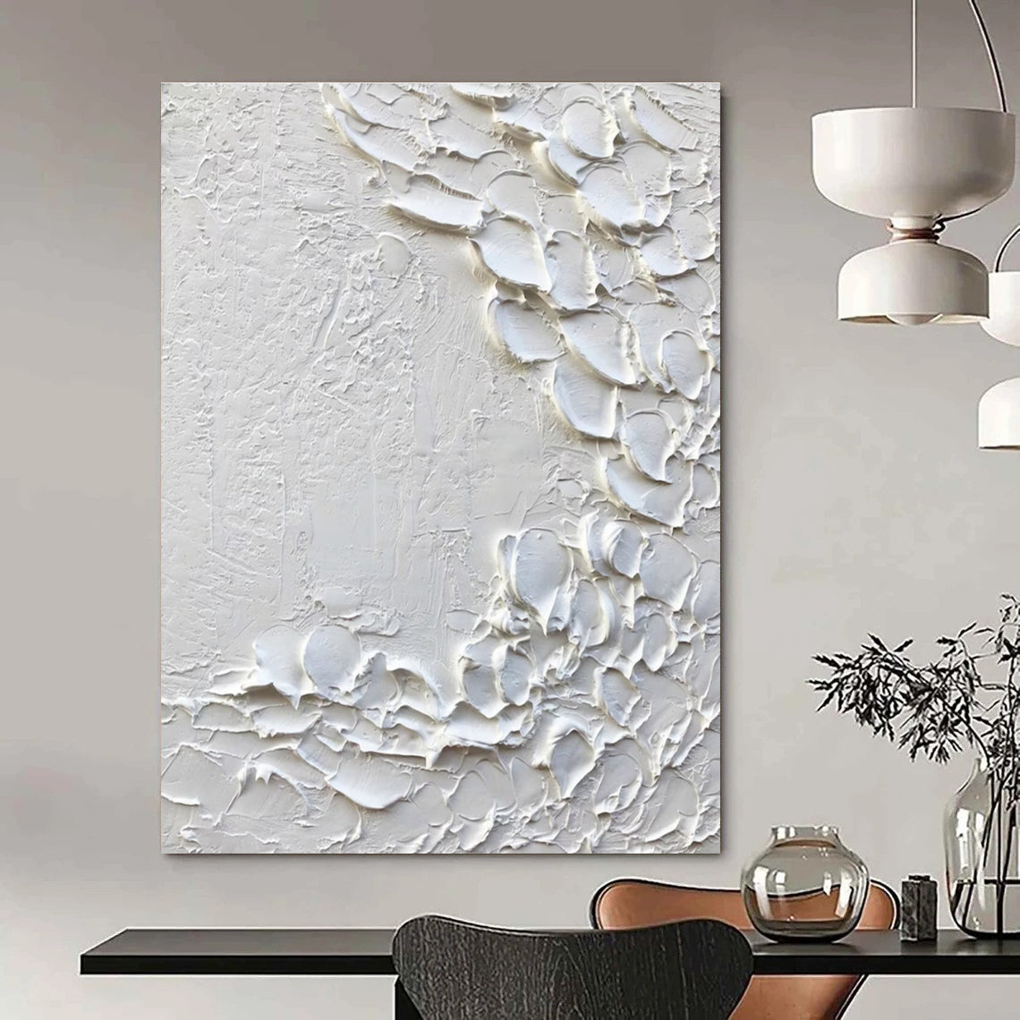White - Gray Textured Line Art Abstract Painting for Modern Hallways HENG373