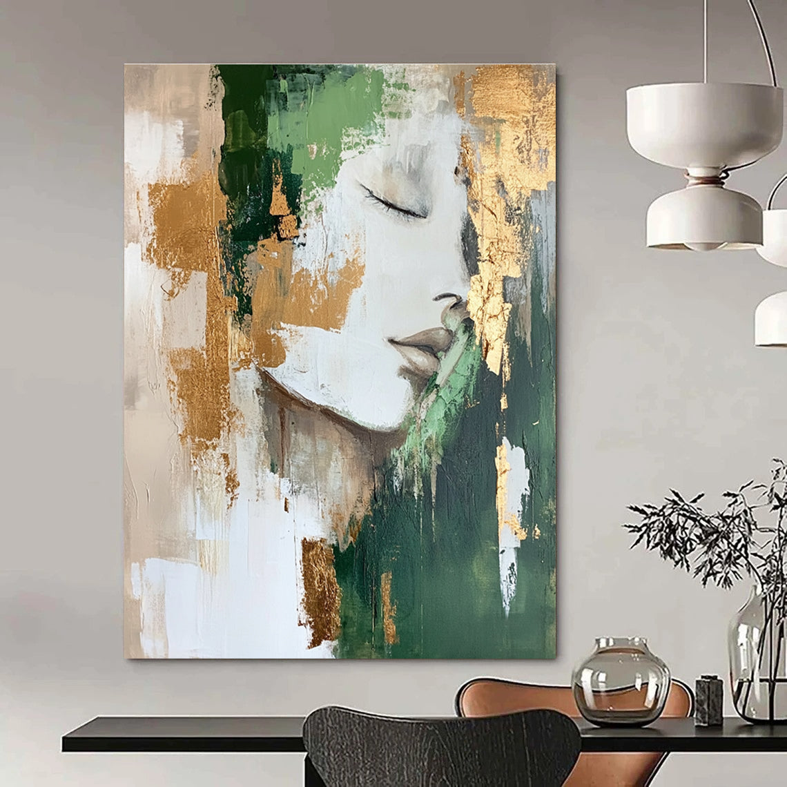 Abstract Portrait Painting with Green and Gold Elements GAB0665