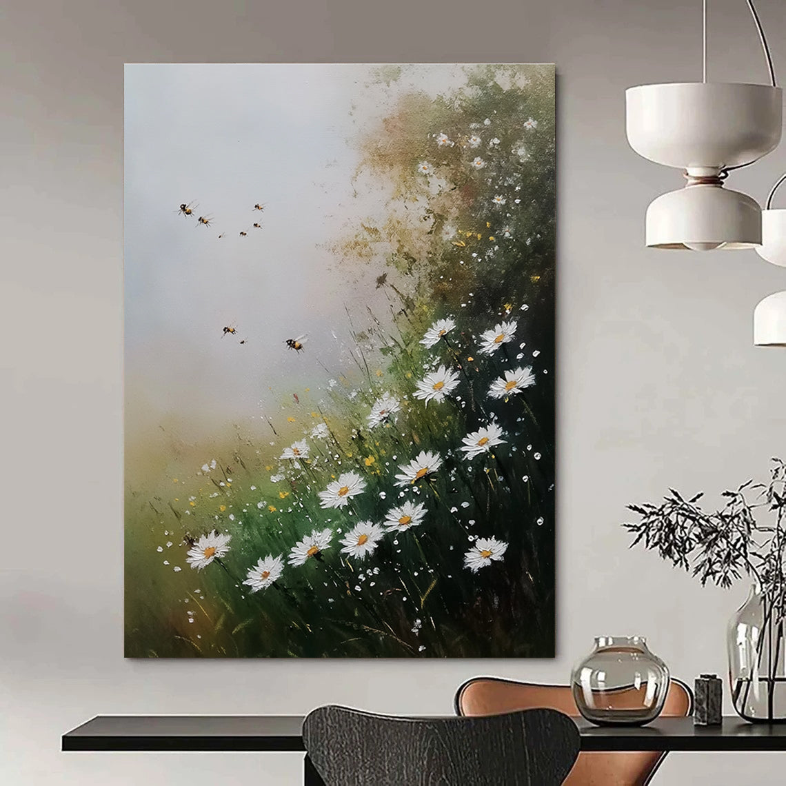 Daisies and Bees Charming Floral Abstract Painting GAB0336