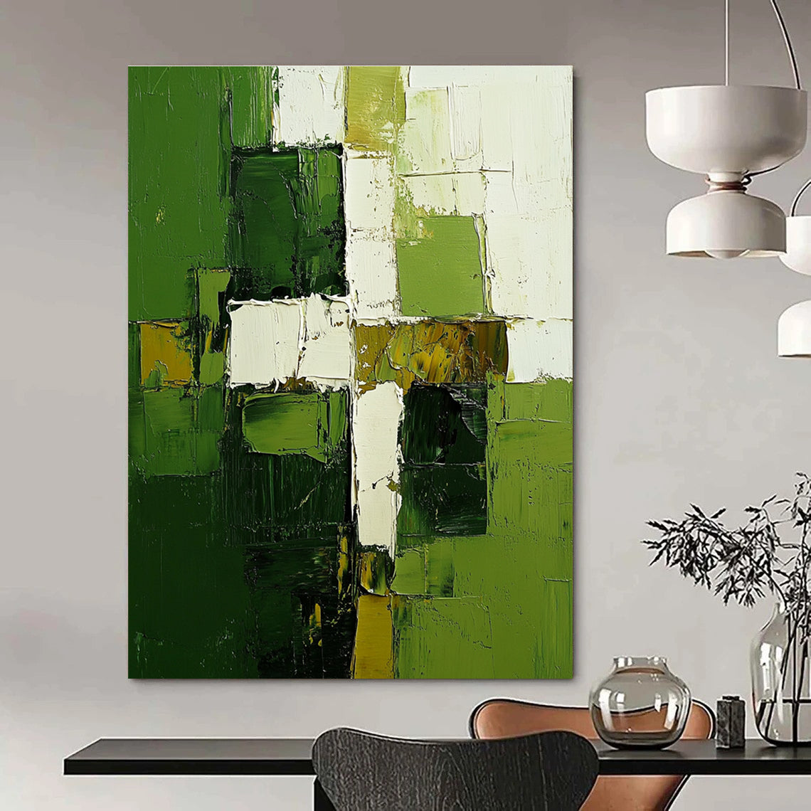 Green White Geometry Abstract Painting for Contemporary Galleries GAB0769