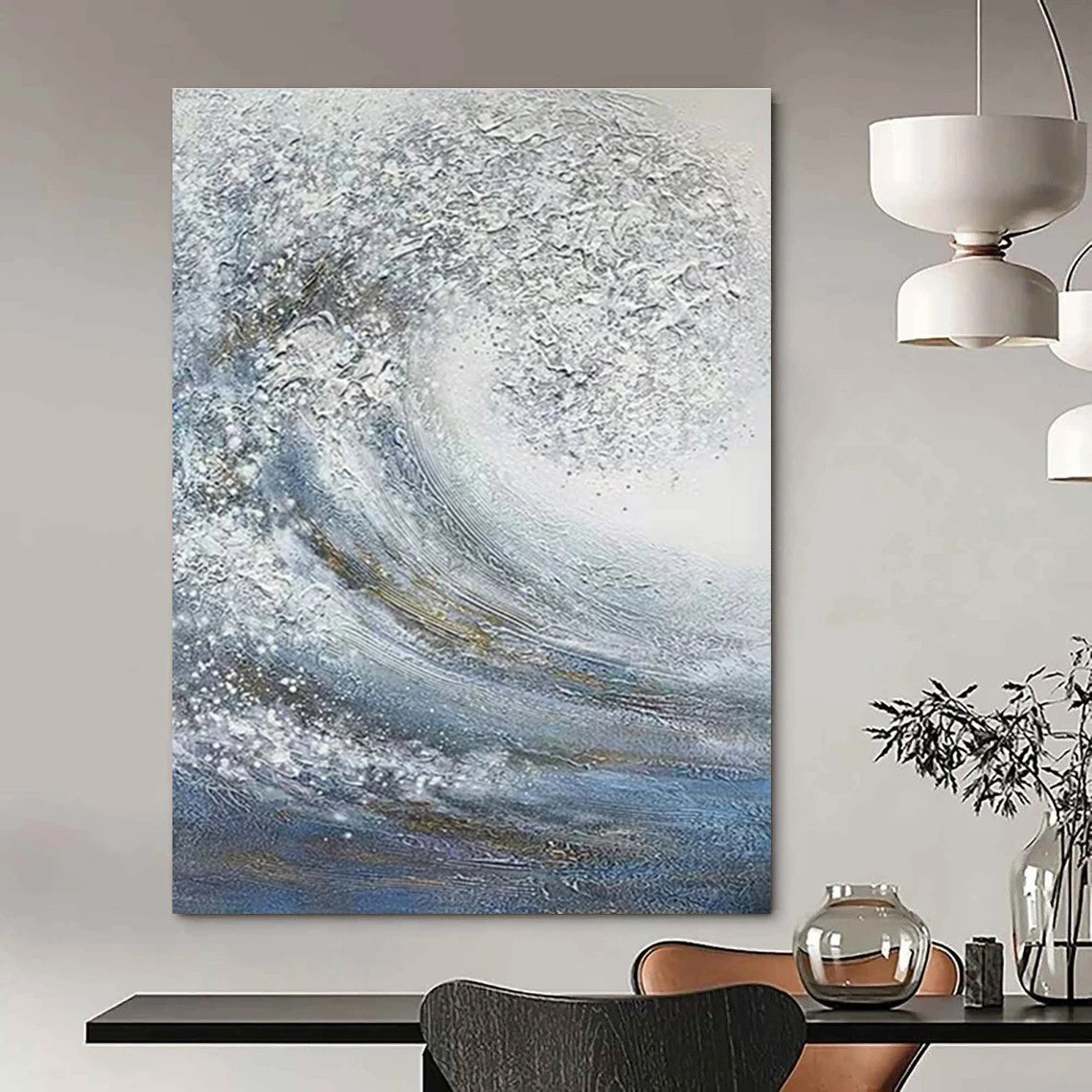 Dynamic White and Blue Wave Abstract Painting for Seaside Resorts HENG337