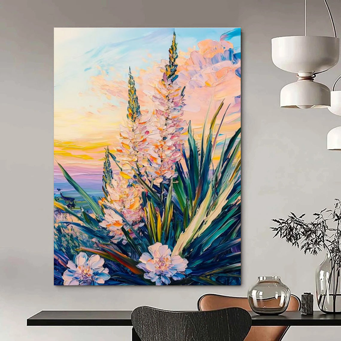 Pastel Floral Sunset Abstract Painting for Romantic Bed and Breakfasts HENG528