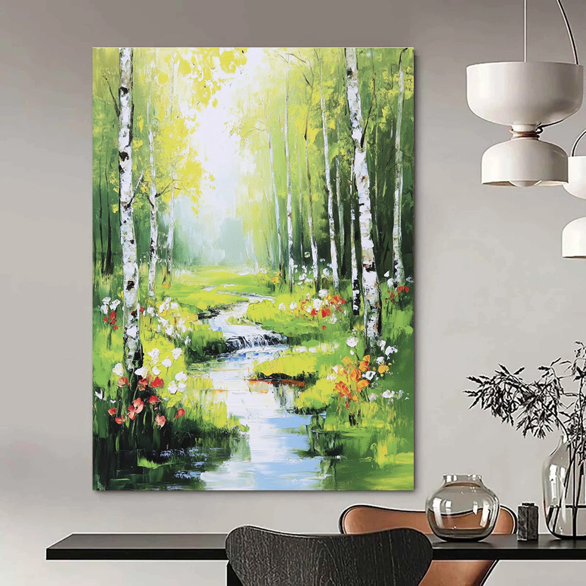 Enchanted Forest Stream Abstract Painting with Lush Greens GAB0013