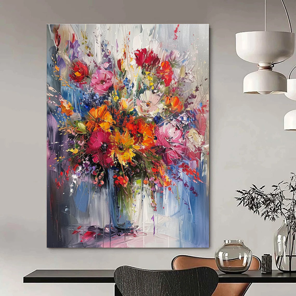 Impasto - Style Vibrant Flower Bouquet Abstract Painting for Lively Spaces HENG260
