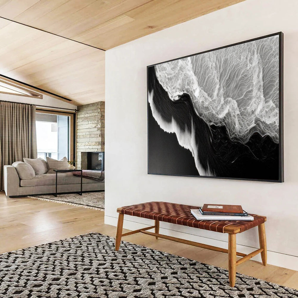 Black - White Wave Abstract Painting for Nautical - Themed Spaces YHT074