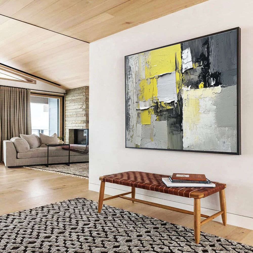 Yellow, Gray and Black Collage Abstract Painting with Textured Layers ABS399