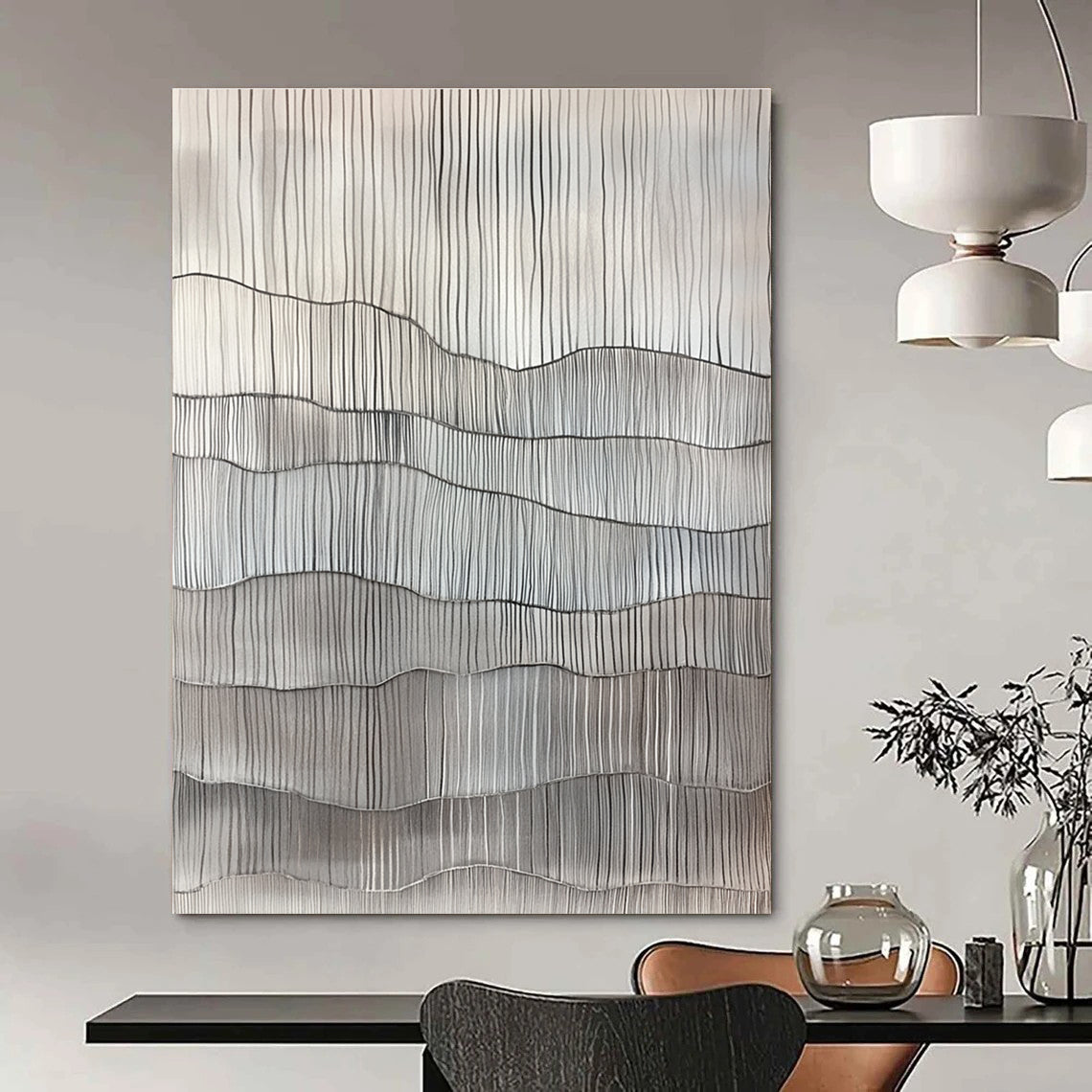 Wavy Line Textures Abstract Painting of Monochromatic Rhythms GAB0138