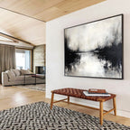 Monochrome Lake Scene: Moody Stillness in Black and White Abstract Painting ABS173