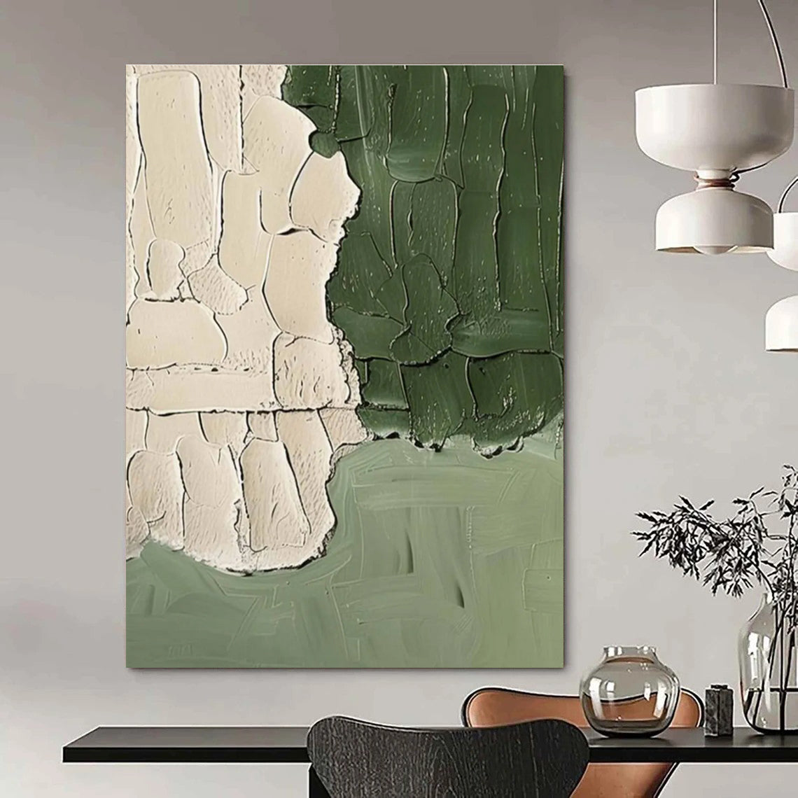 Textured Green and Beige Abstract Painting for Minimalist Bedrooms HENG501