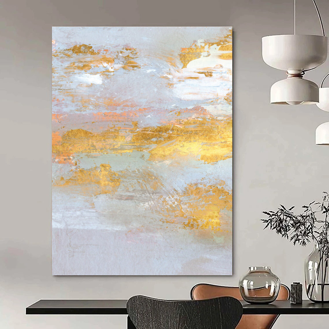 Gold - Accented Abstract Landscape Painting for Luxury Home Entrances HENG159