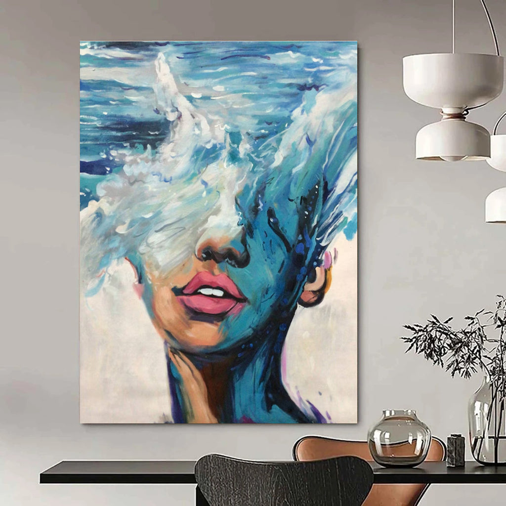 Blue Ocean Wave - Masked Face Abstract Painting for Contemporary Art Galleries HENG347
