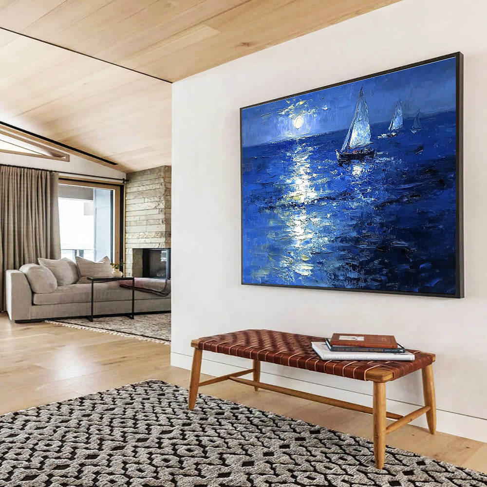 Moonlit Sailboats on Sea Abstract Painting with Nocturnal Serenity ABS601
