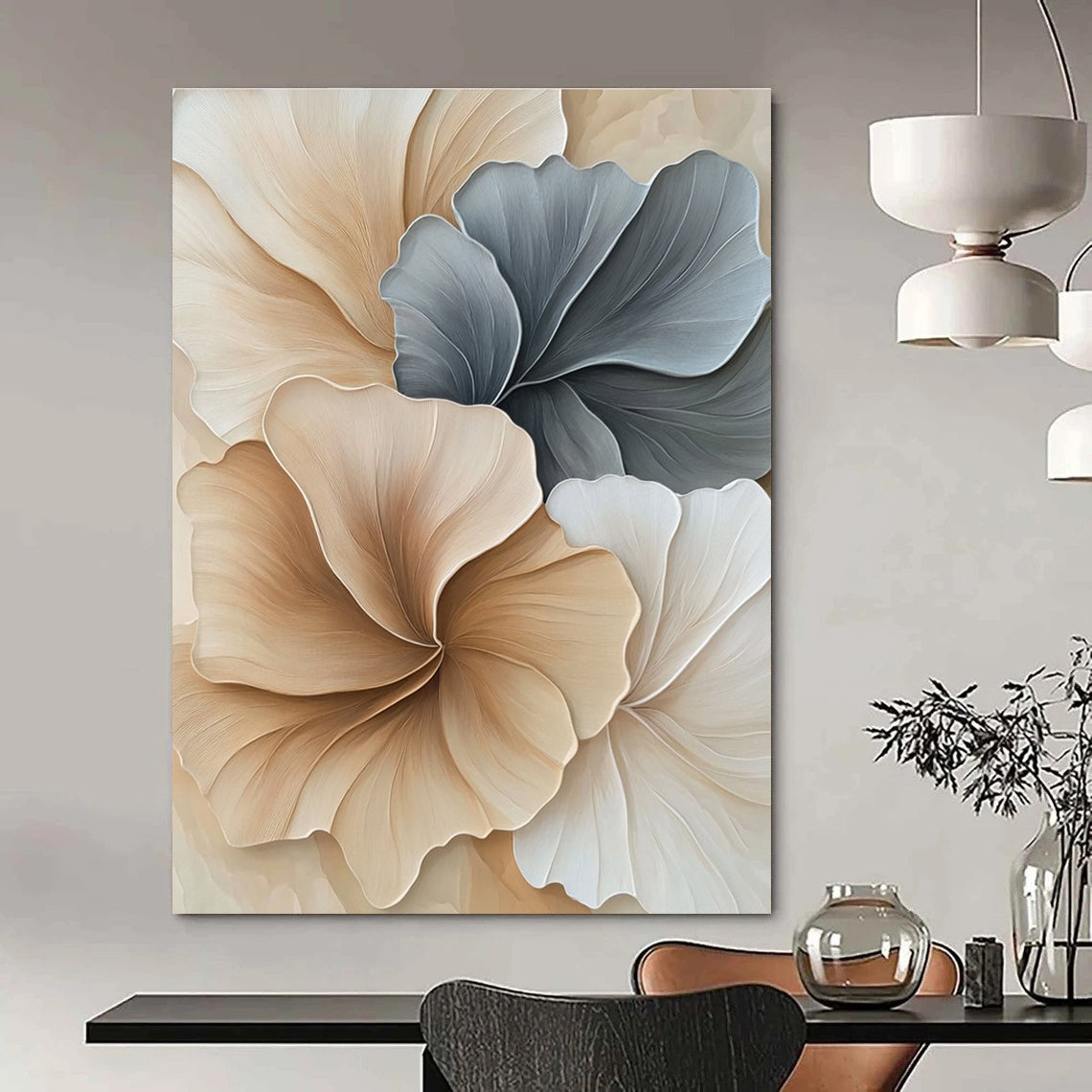 Beige and Grey Floral Shapes Abstract Painting of Elegant Nature GAB0094