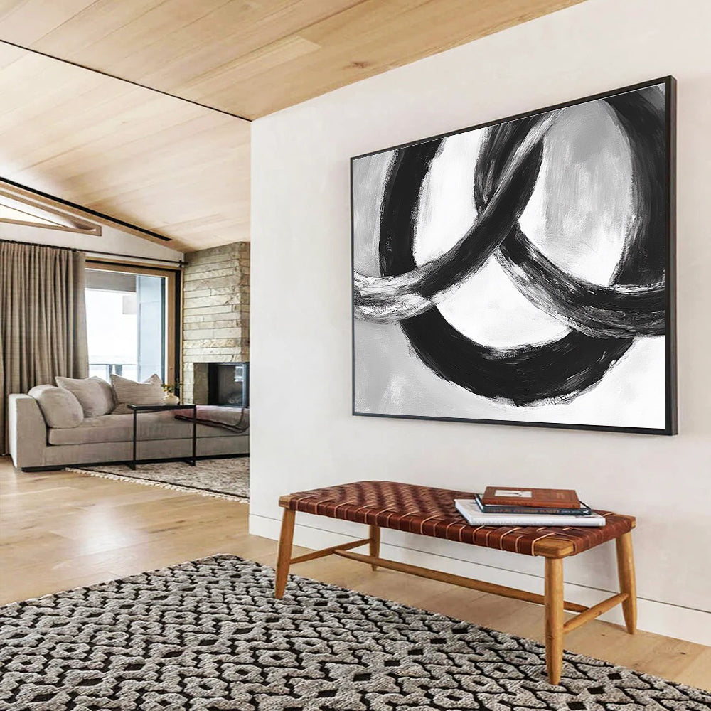 Intertwined Black Rings: Dynamic Movement in Monochrome Abstract Painting ABS175