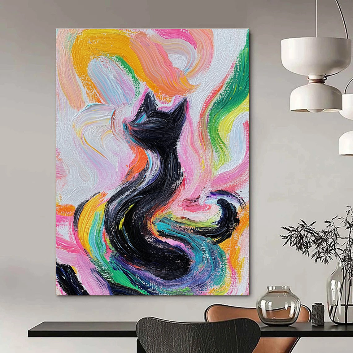 Colorful Swirling Cat Whimsical Feline Abstract Painting GAB0262