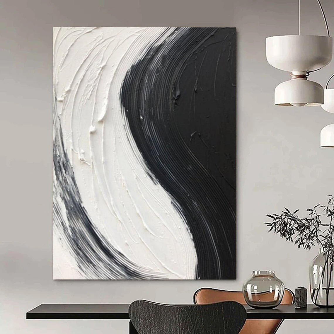 Black - White Textured Stripe Art Abstract Painting for Monochrome Dining Rooms HENG376