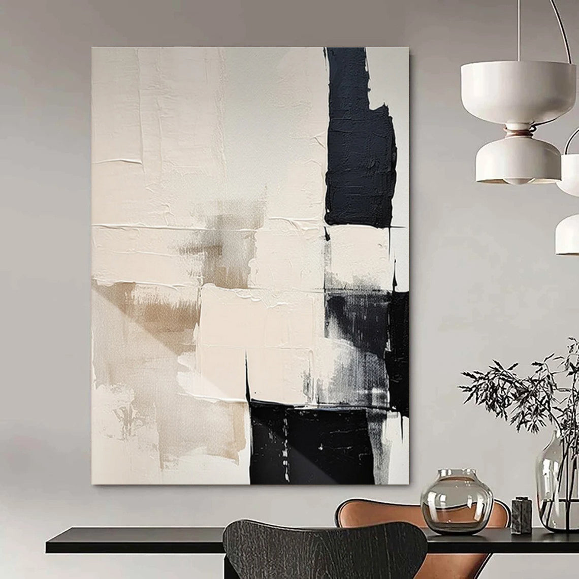 Contemporary Black and White Blocks Abstract Painting for Urban Loft Apartments HENG056