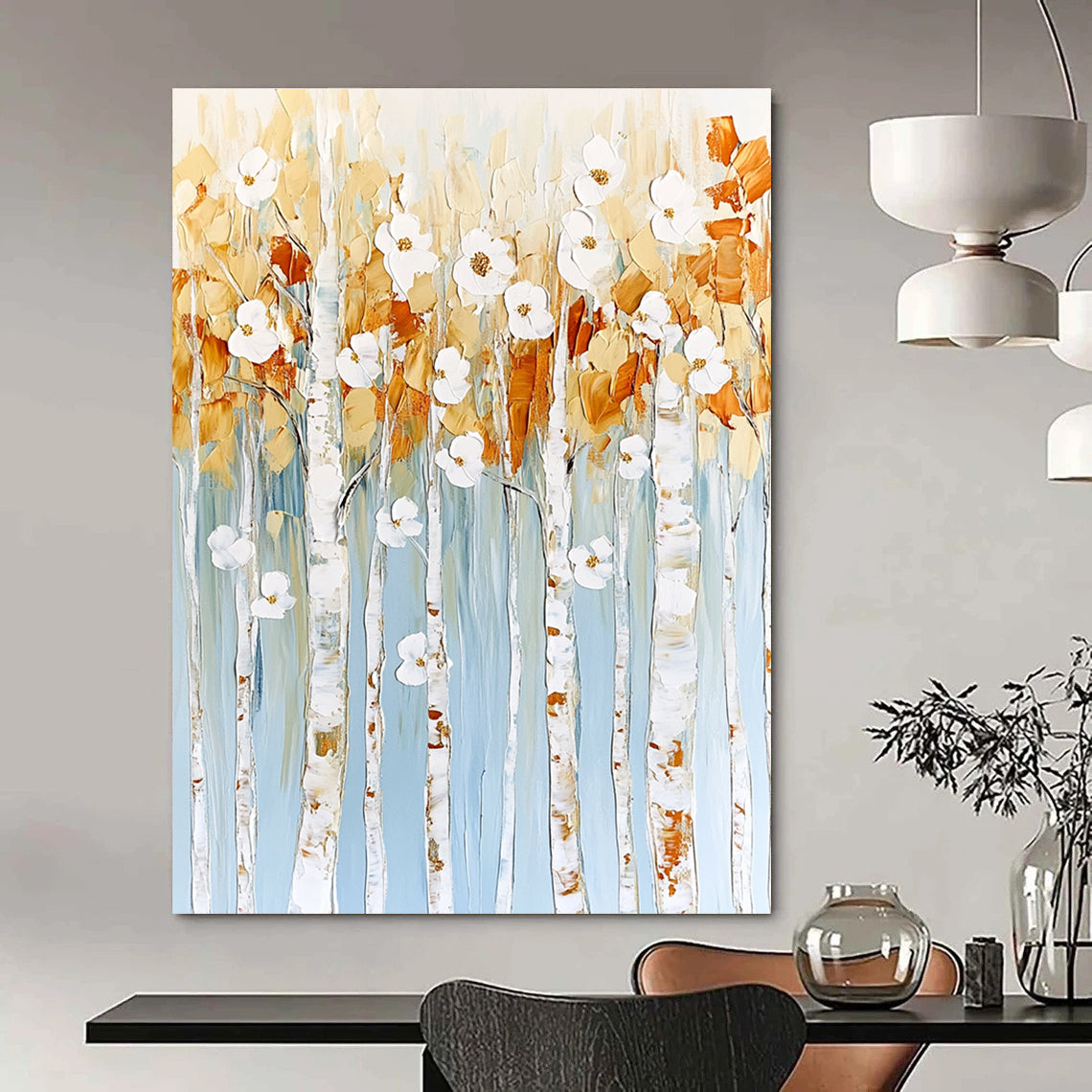 Floral Birch Tree Abstract Painting for Feminine Boudoirs GAB0754