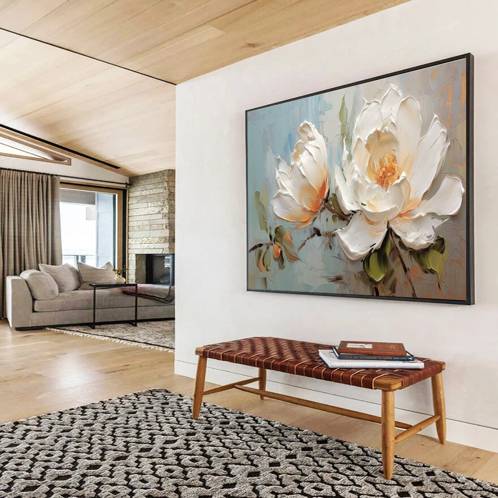 White Peony Abstract Painting for Sophisticated Bedrooms YHT174