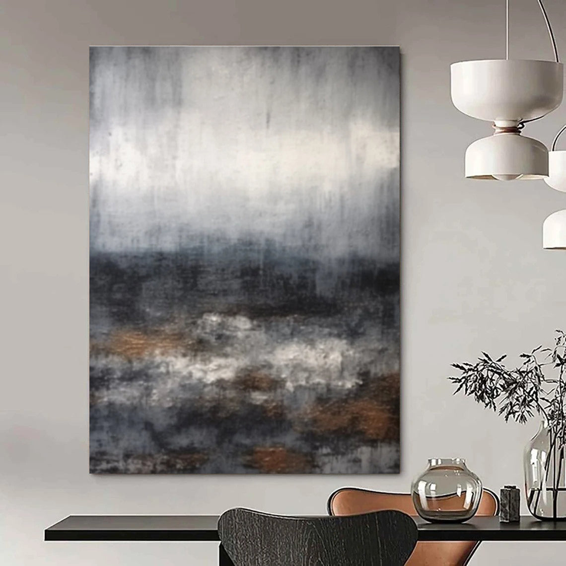Gray Toned Abstract Landscape with Hints of Brown Painting for Serene Home Offices HENG368