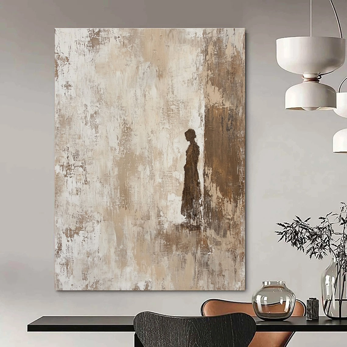 Solitary Figure Silhouette Abstract Painting in Neutral Tones GAB0022