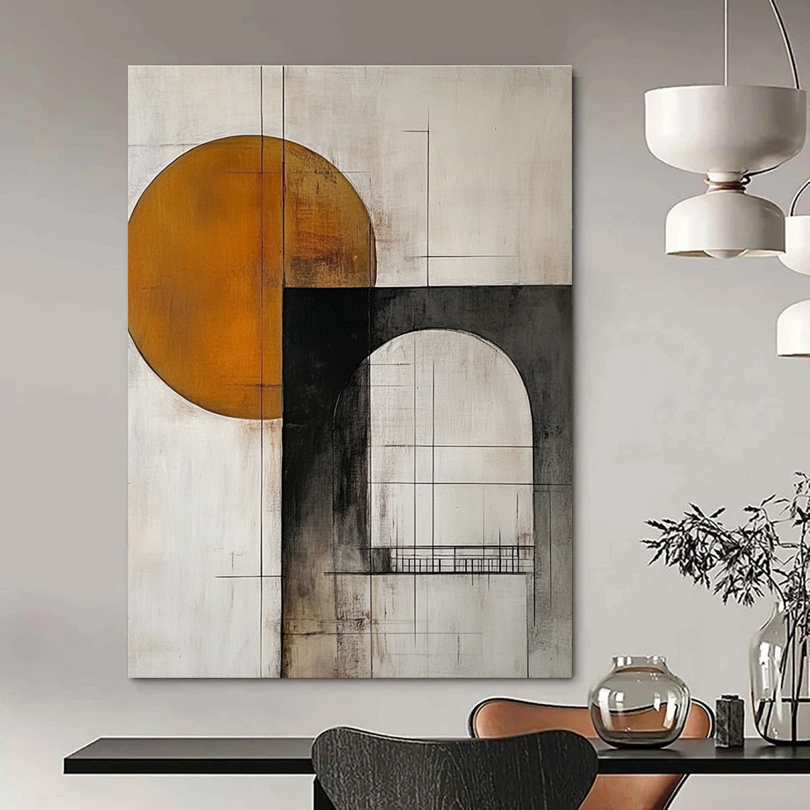 Geometric Abstract with Circle and Arch Painting for Mid - Century Modern Living Rooms GAB1203