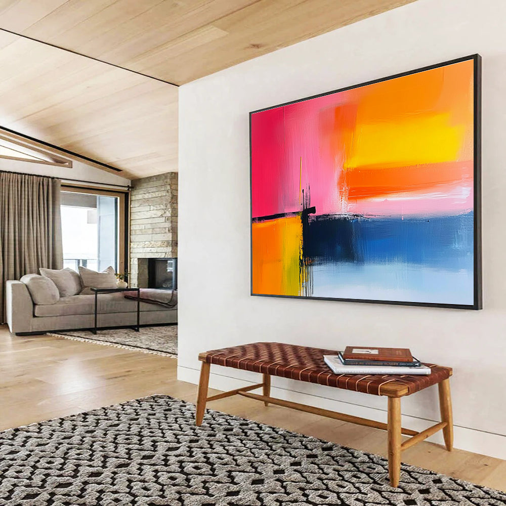 Pink, Orange and Blue Abstract Sunset Painting with Vibrant Hues ABS409