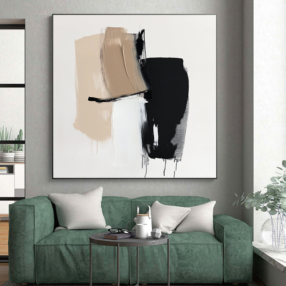 Beige Black White Abstract Painting with Minimalist Forms WINK632