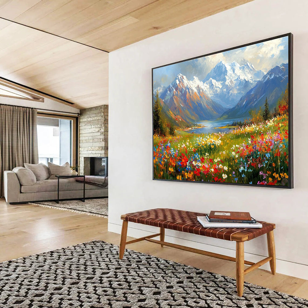 Colorful Mountain Lake Meadow Painting with Vibrant Natural Beauty ABS577