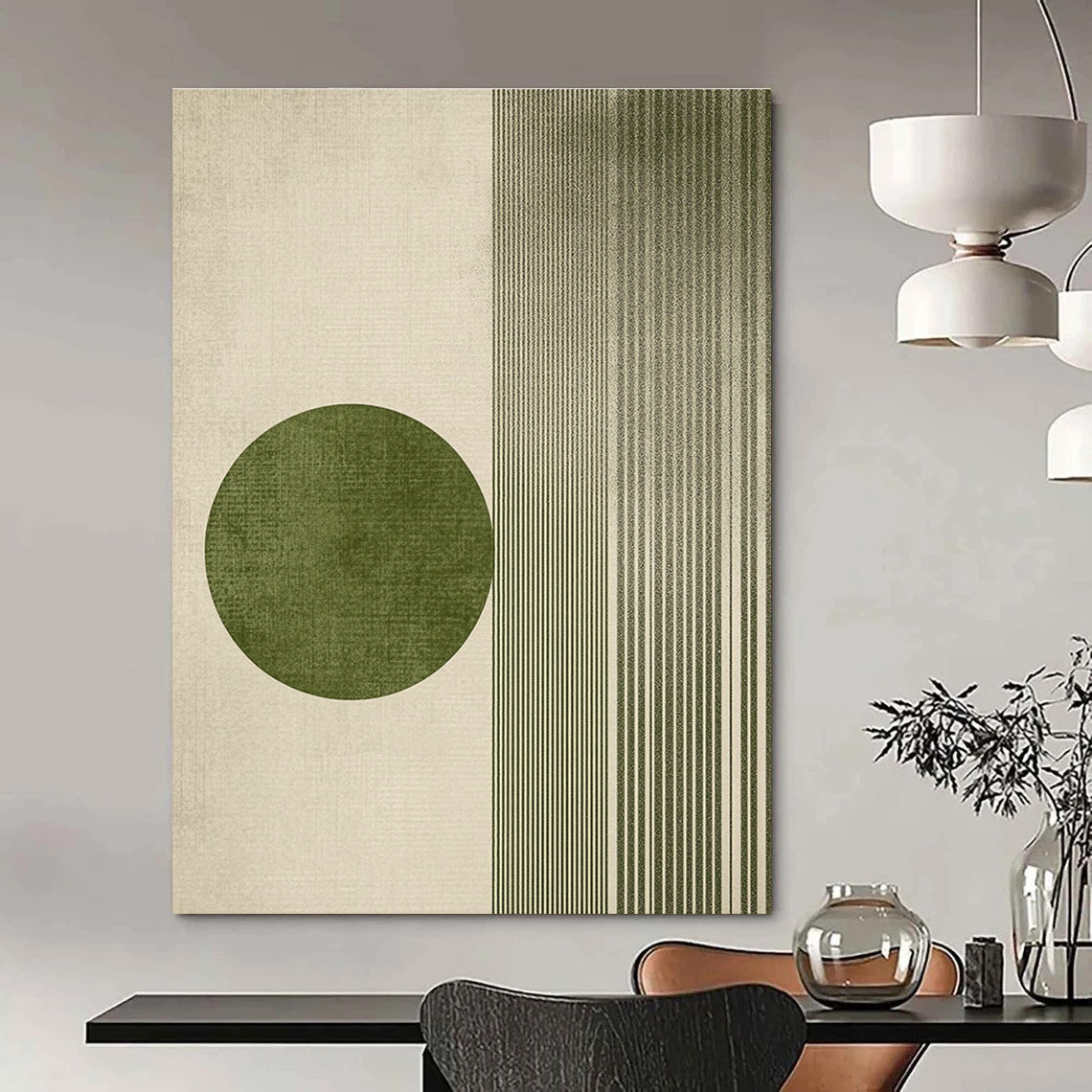 Green Circle and Lines Abstract Painting for Modern Minimalist Interiors GAB1370