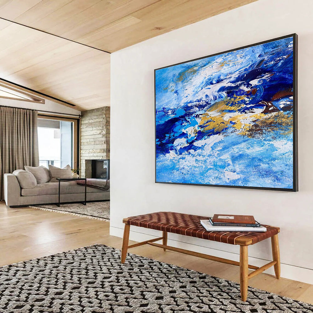 Blue and Gold Wave Abstract Painting for Nautical - Inspired Lounges YHT345