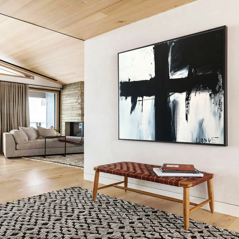 Bold Black Cross: Stark Contrast and Dramatic Impact Abstract Painting ABS179
