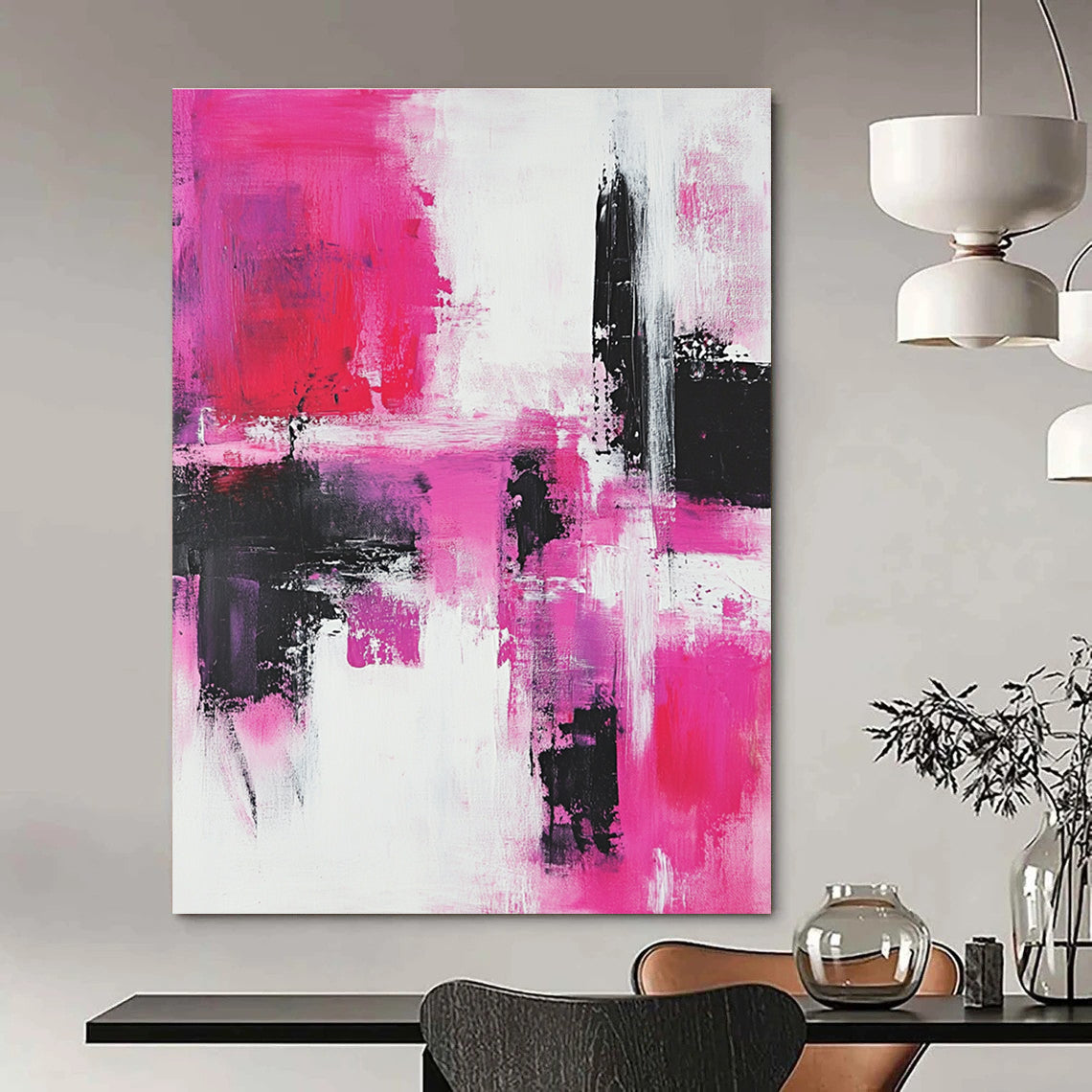 Bold Pink and Black Abstract Painting for Vibrant Interiors GAB0672