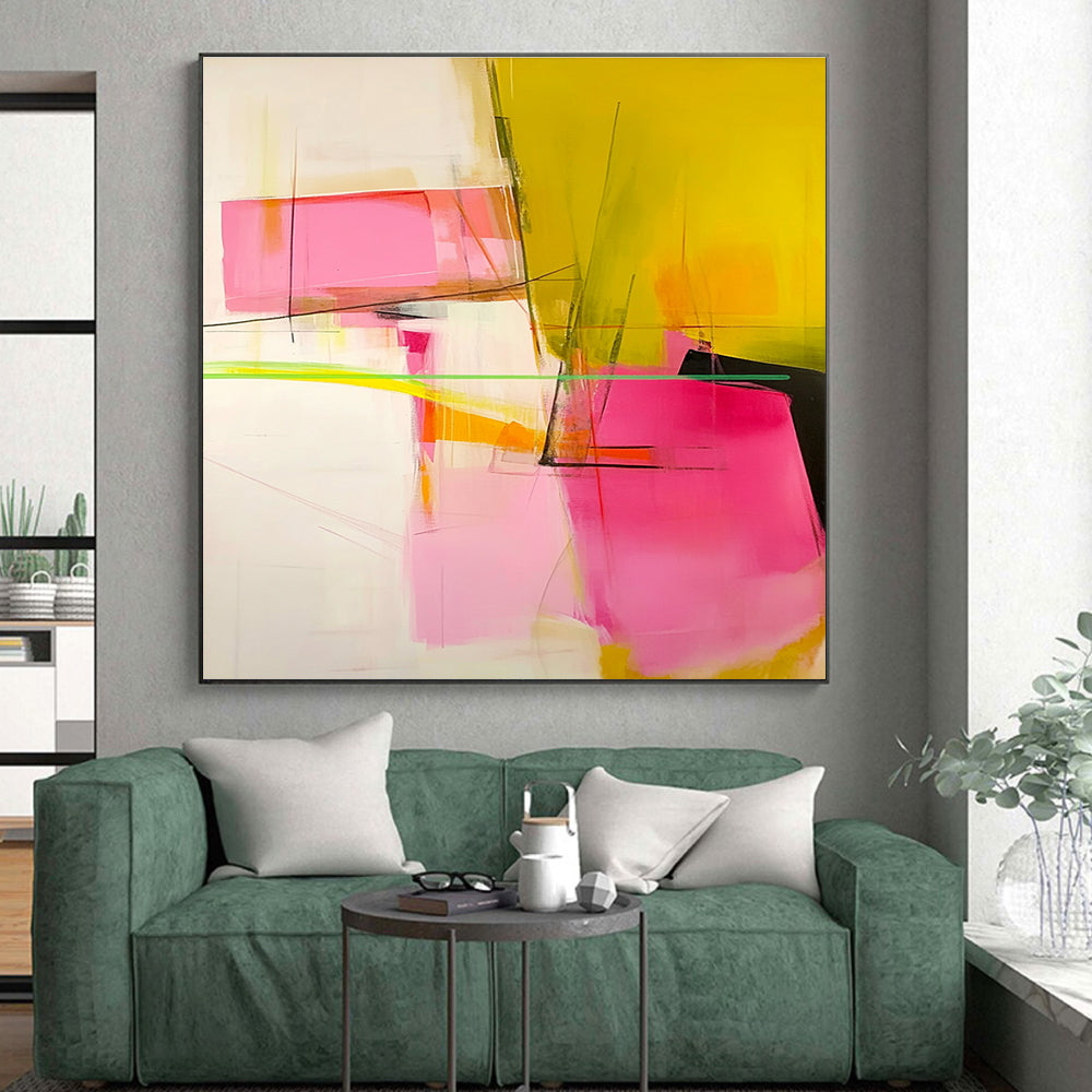 Pink Yellow Geometric Abstract Painting with Subtle Lines WINK629