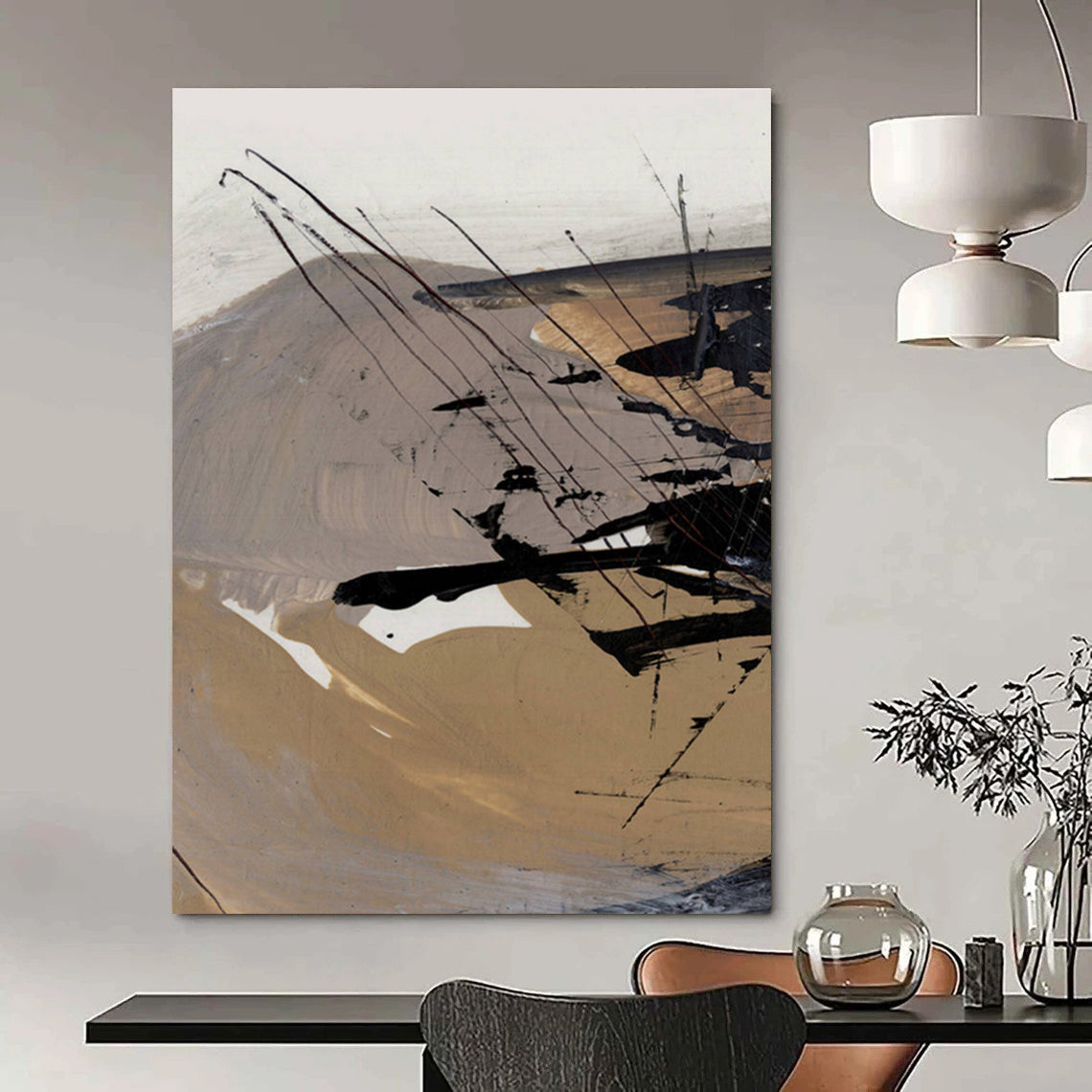 Expressive Black - Beige Abstract Painting for Industrial - Style Cafés HENG201