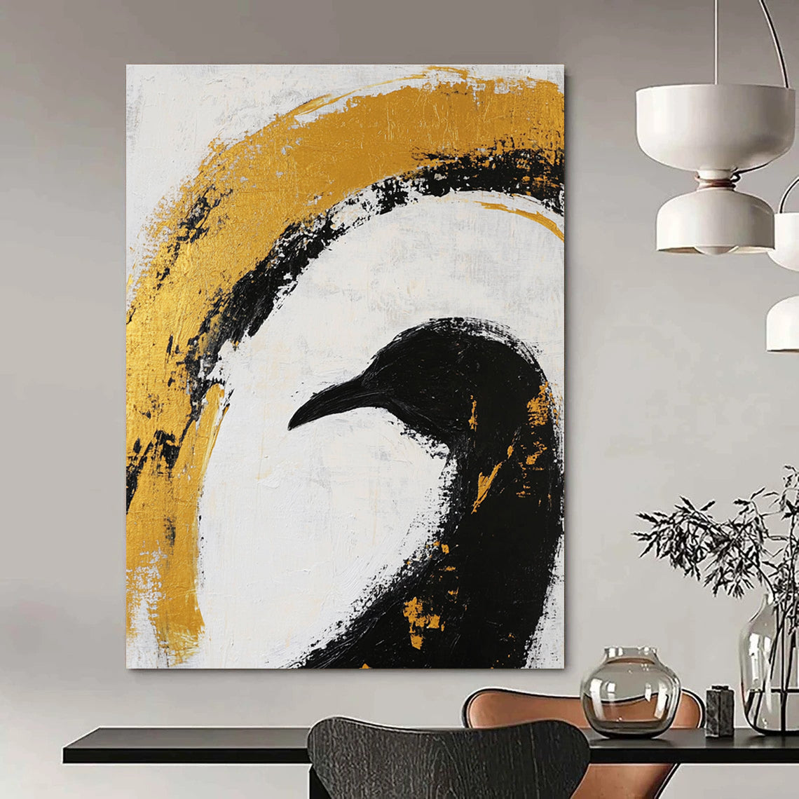 Black Bird Gold Arc Art - Symbolic Minimalist Abstract Painting GAB0438