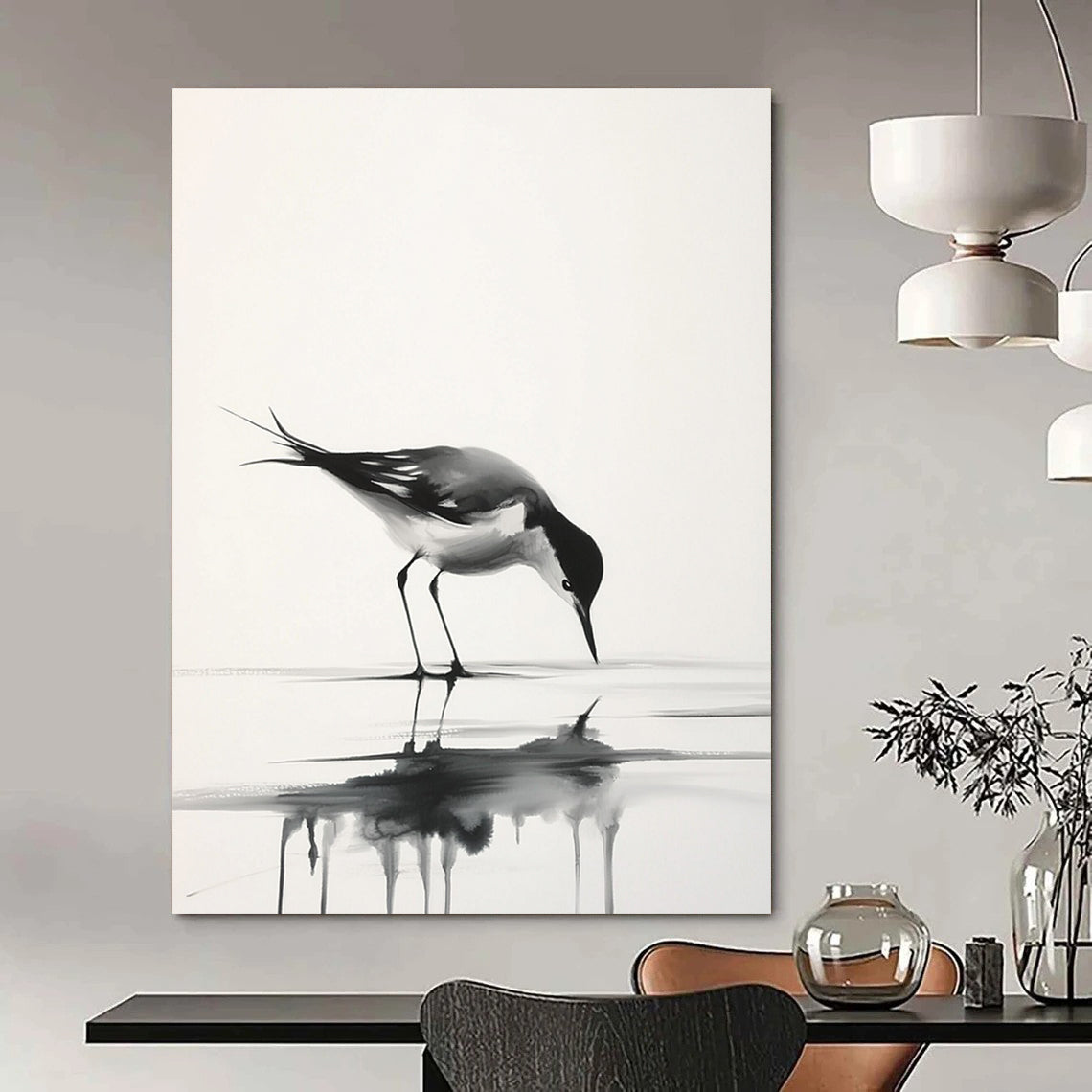 Graceful Bird Reflection Abstract Painting in Ink Wash Style GAB0023
