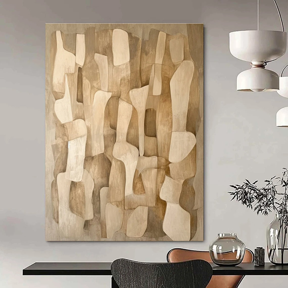 Beige Abstract Shapes Abstract Painting for Minimalist Living Rooms HENG021