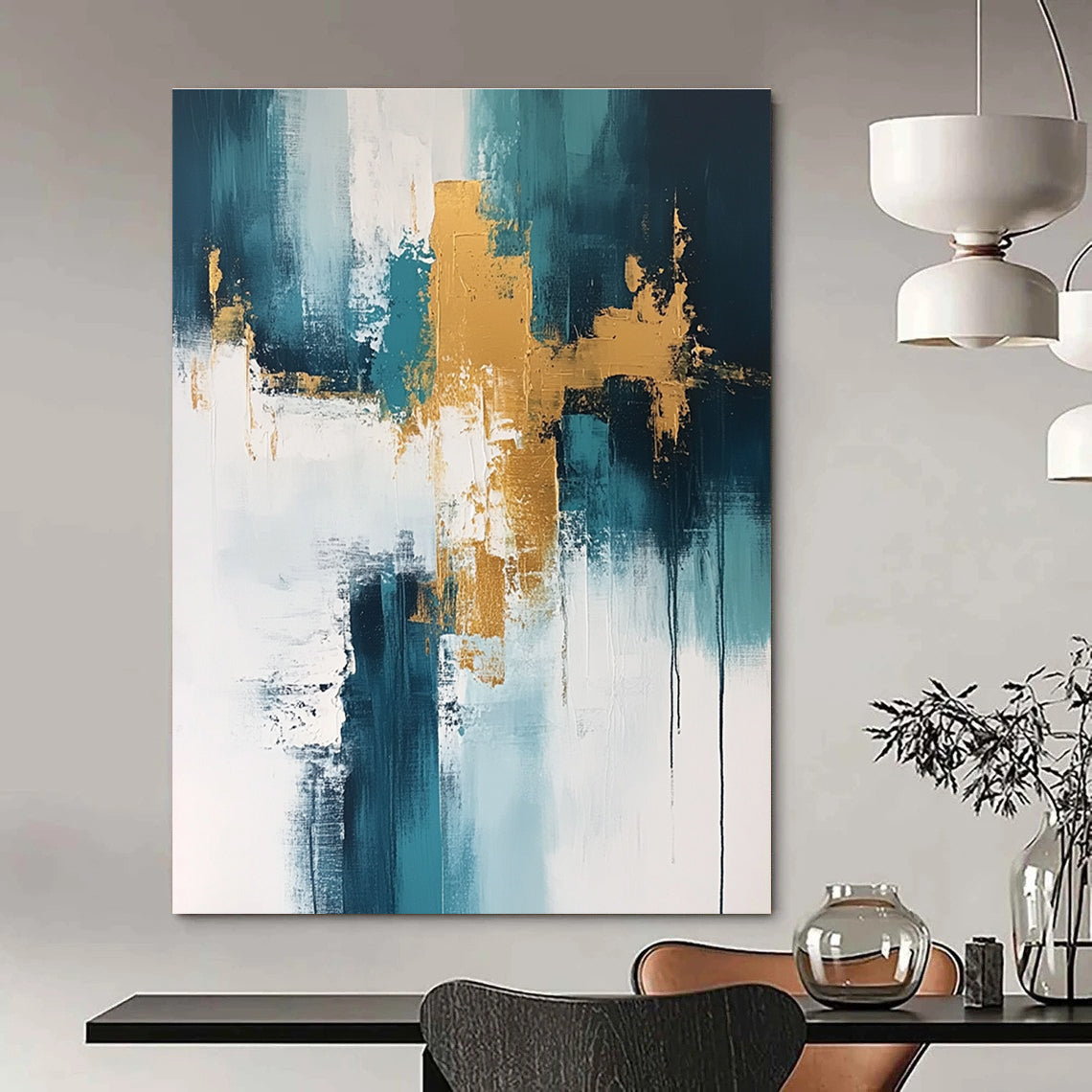Teal and Gold Abstract Painting for Modern Beachfront Residences GAB0895