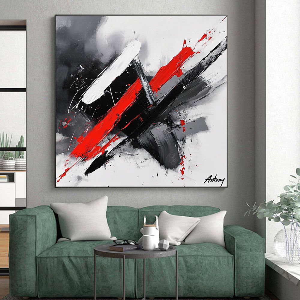 Red, Black, and White Dynamic Strokes Abstract Painting with Energetic Flair WINK245