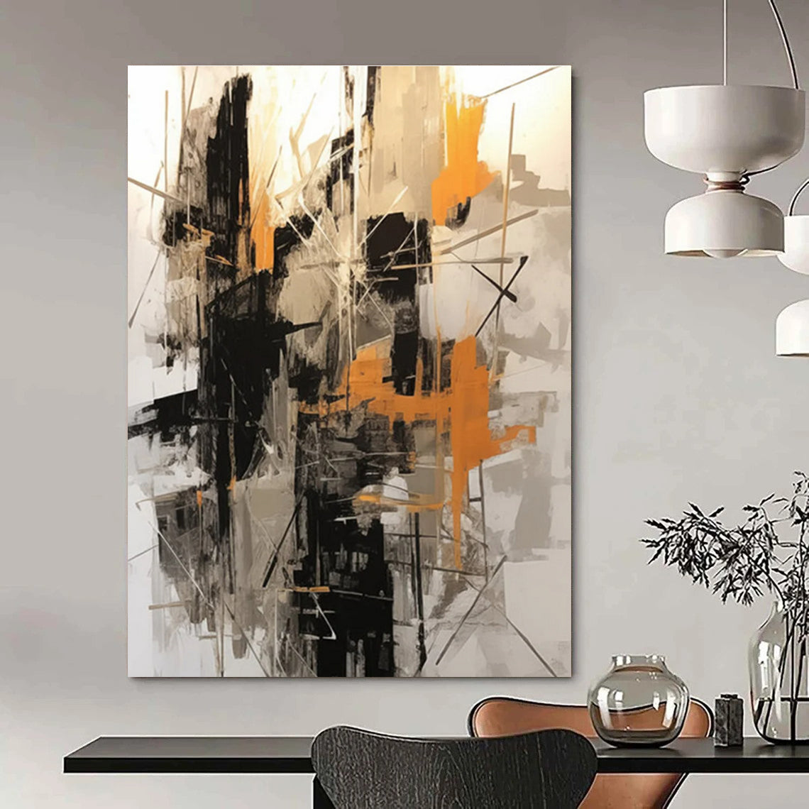 Black - Gray - Orange Abstract Painting for Industrial - Style Lofts HENG116