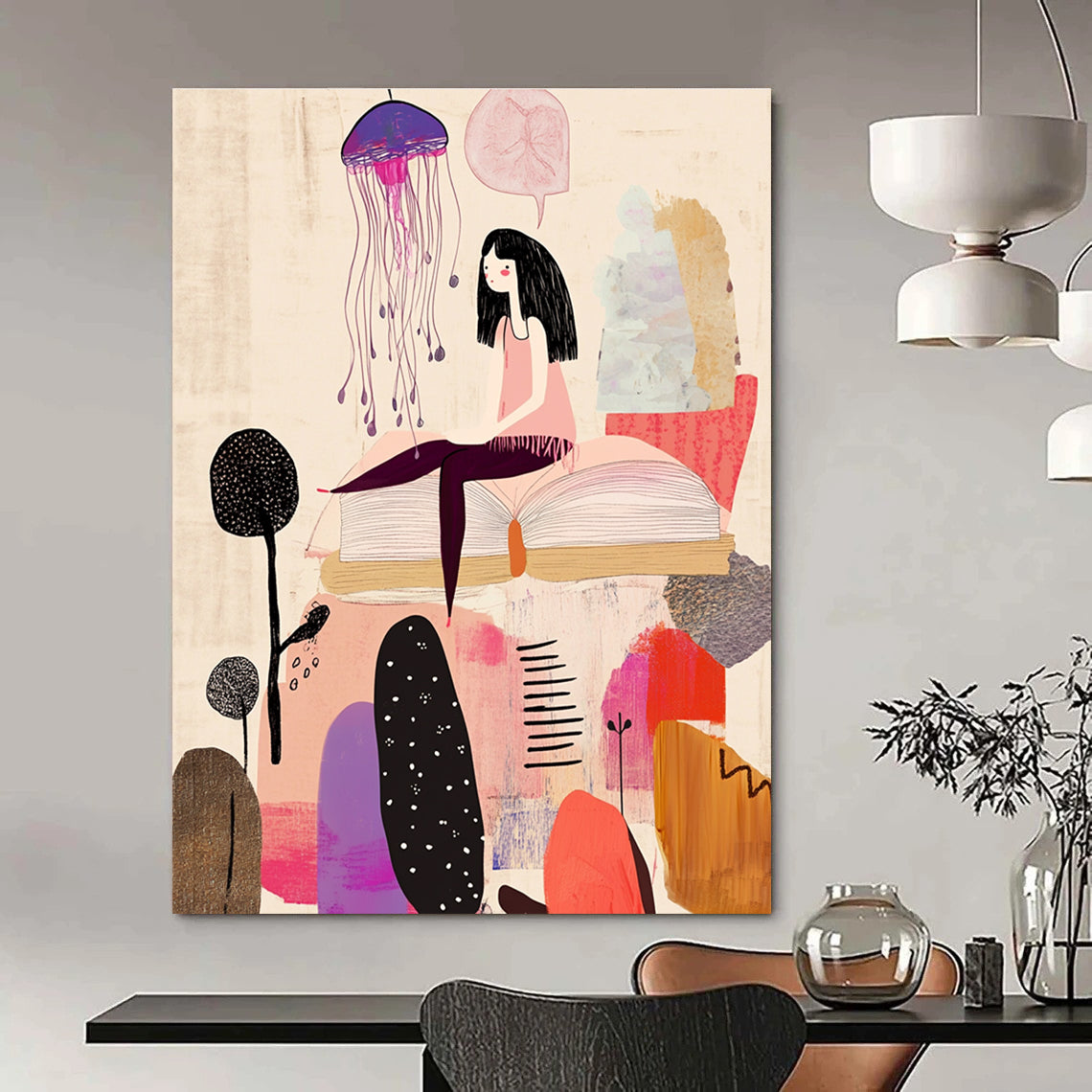 Girl on Book with Jellyfish - Whimsical Narrative Art GAB0394