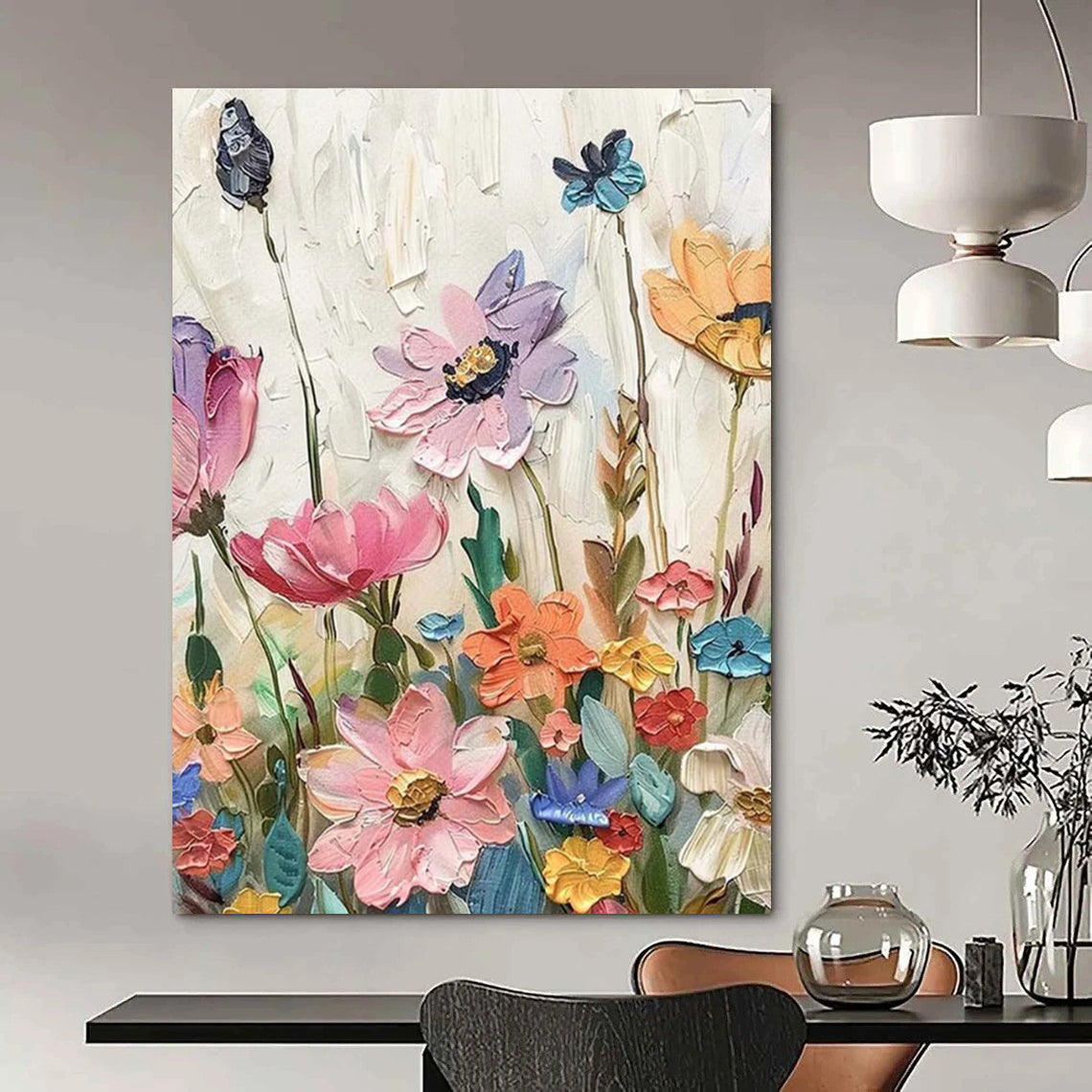 Textured Floral Field Abstract Painting for Feminine Home Studios HENG081