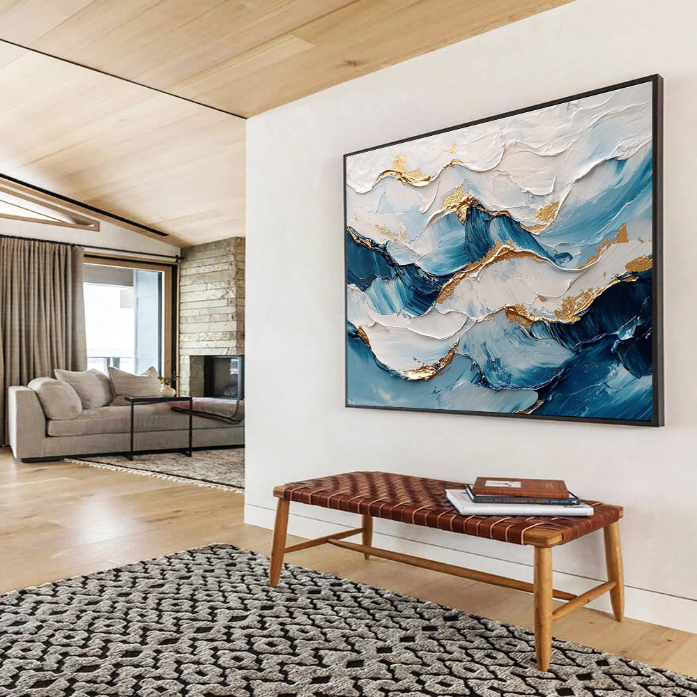 Blue and Gold Wave Textured Abstract Painting ABS261