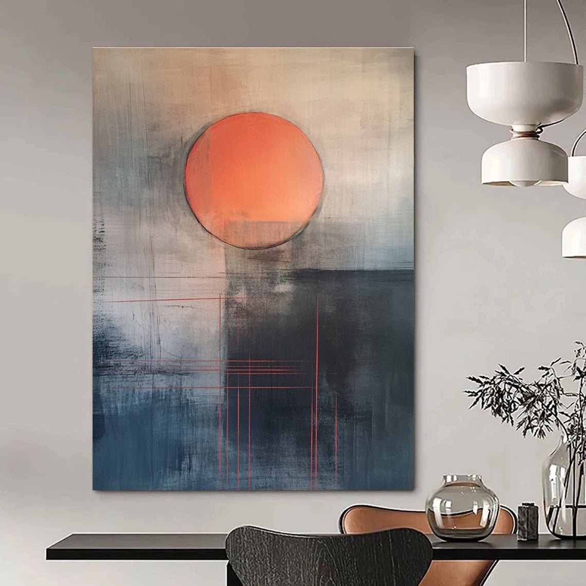 Abstract Sunset with Red Lines Conceptual Landscape Abstract Painting GAB0288
