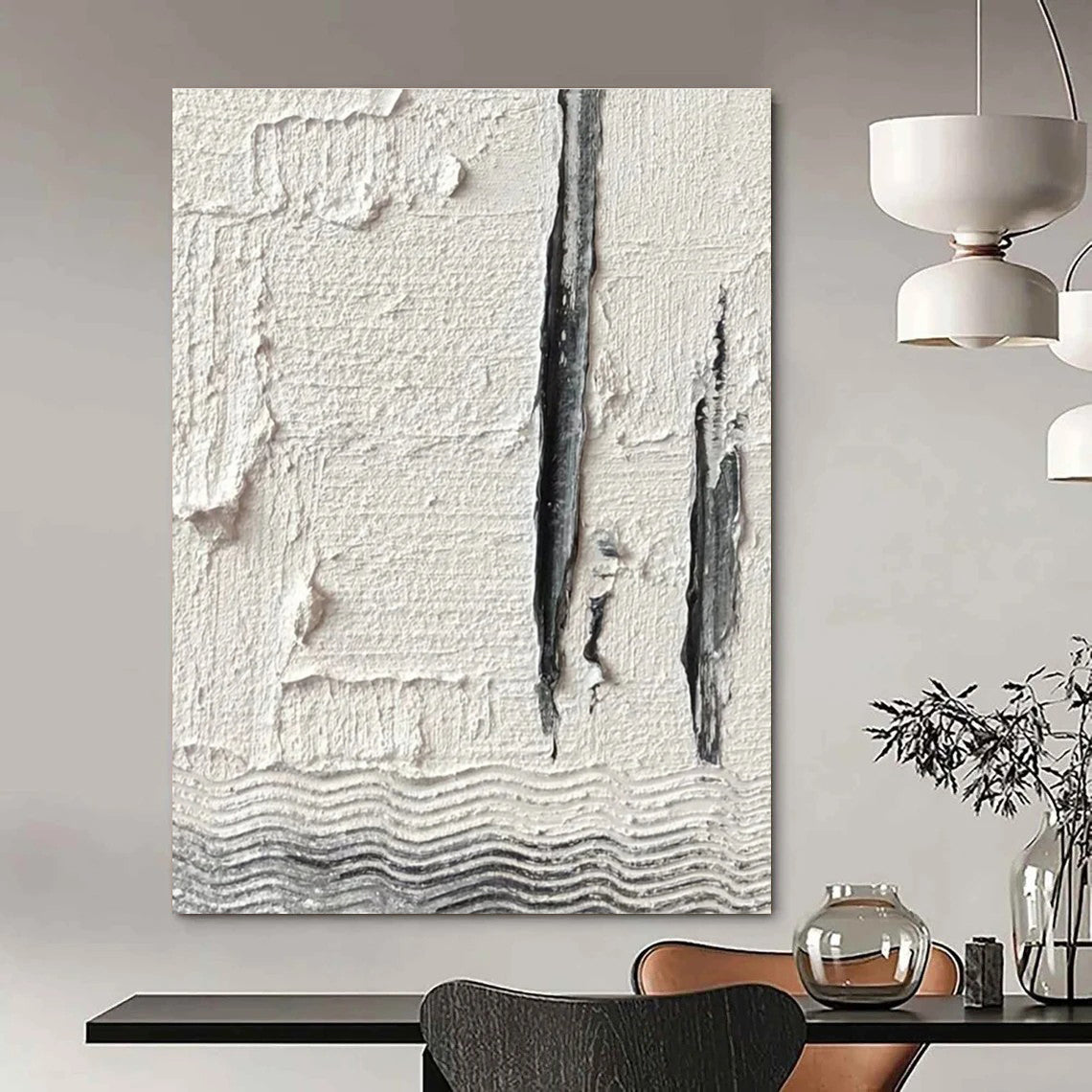 Gray - White Textured Fragment Abstract Painting for Industrial - Chic Spaces HENG371