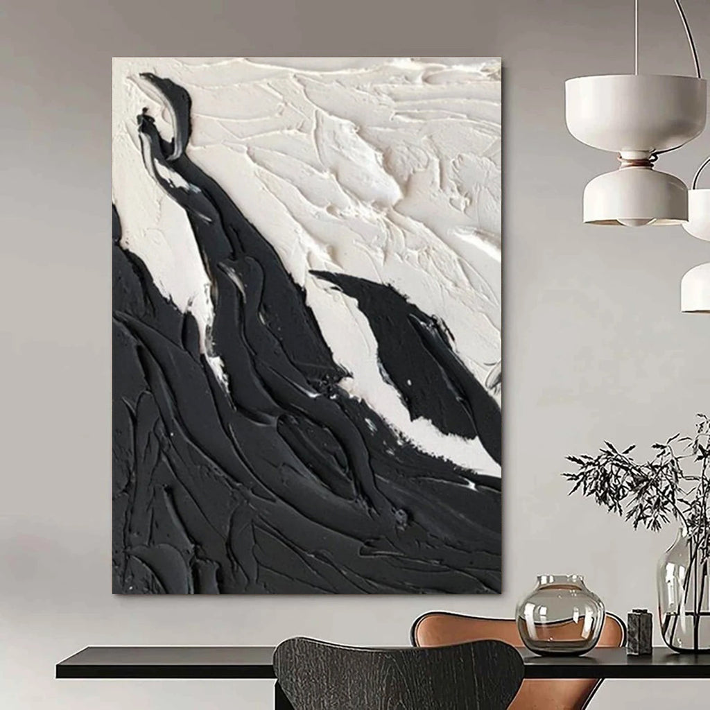 Black - White Textured Landscape Abstract Painting for Minimalist Bedrooms HENG395