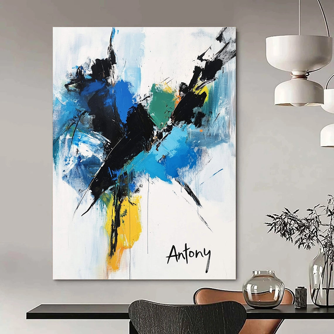 Blue and Black Abstract Flower - Dynamic Botanical Abstract Art GAB0473