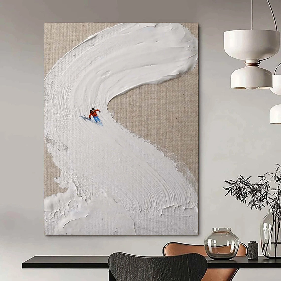 Mini Skier on White Slope Abstract Painting for Winter - Sports Lovers HENG311